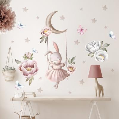 Acuarelă Desene Animat Iepure Floare Fluture Autocolante de perete Detașabil pentru copii Camere de fete Creșă Copii Decalcoli de perete Decor acasă