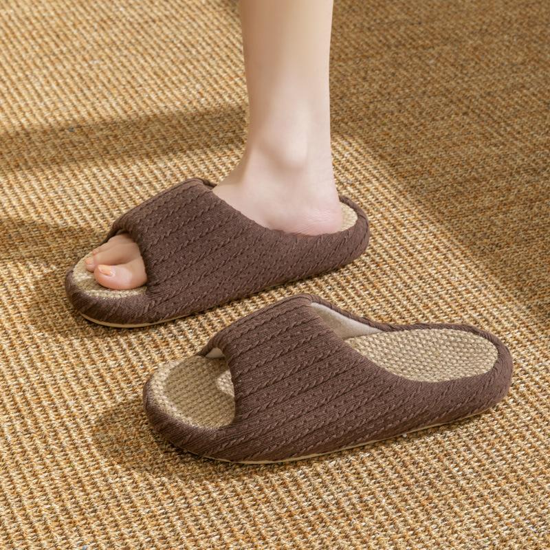 Mingsheng Japanese Light Luxury Linen Slippers Indoor Home Sweat-absorbing Breathable Couple Four-season Slippers Floor Non-slip