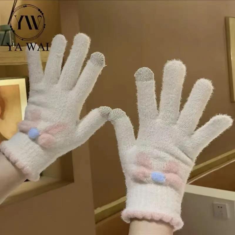 

Knitted gloves, women s autumn and winter wool, warm five fingers, cute students riding in winter, new bows