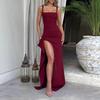 Summer New European and American Style Women's Long Dress Suspender Skirt Square Neck Sexy Split End High-end Dress Texture
