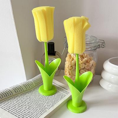 Tulipany Gąbka Szczotka Do Kubków Z Podstawką Długi Uchwyt Szczotka Do Czyszczenia Butelek Na Wodę Do Kubka/Butelki Do Karmienia/Butelki Termosowej/Kubka Termicznego