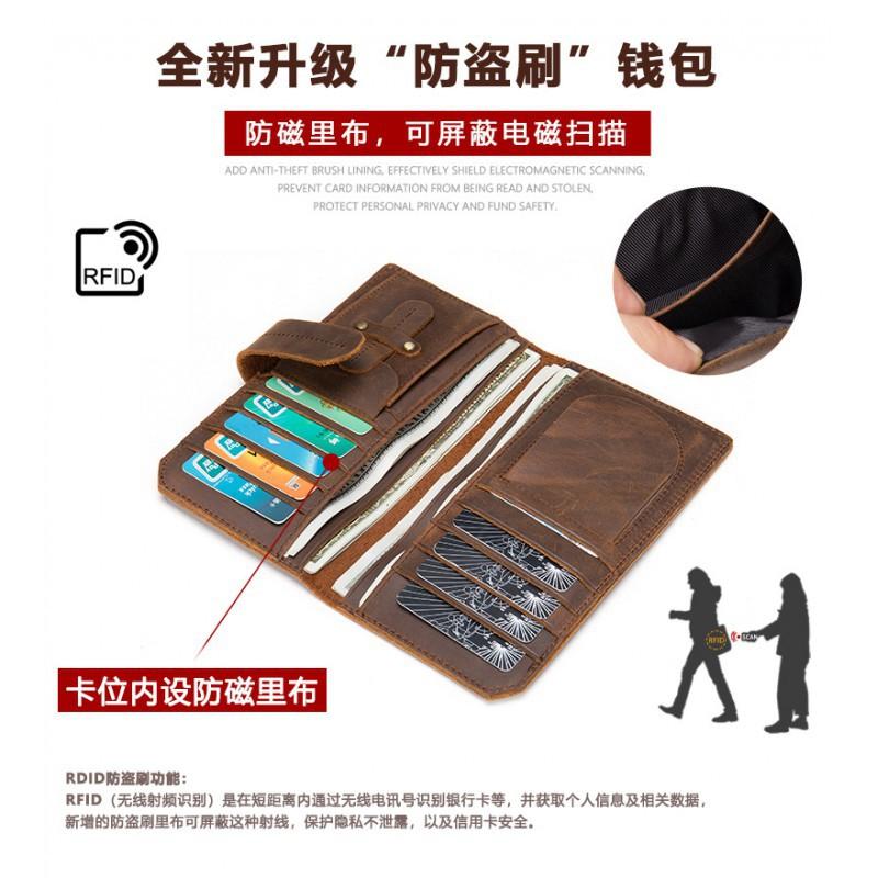 Retro Crazy Horse Leather Wallet Genuine Men's Long RFID Card Bag Large Capacity Slot Head Layer Money Clip Men