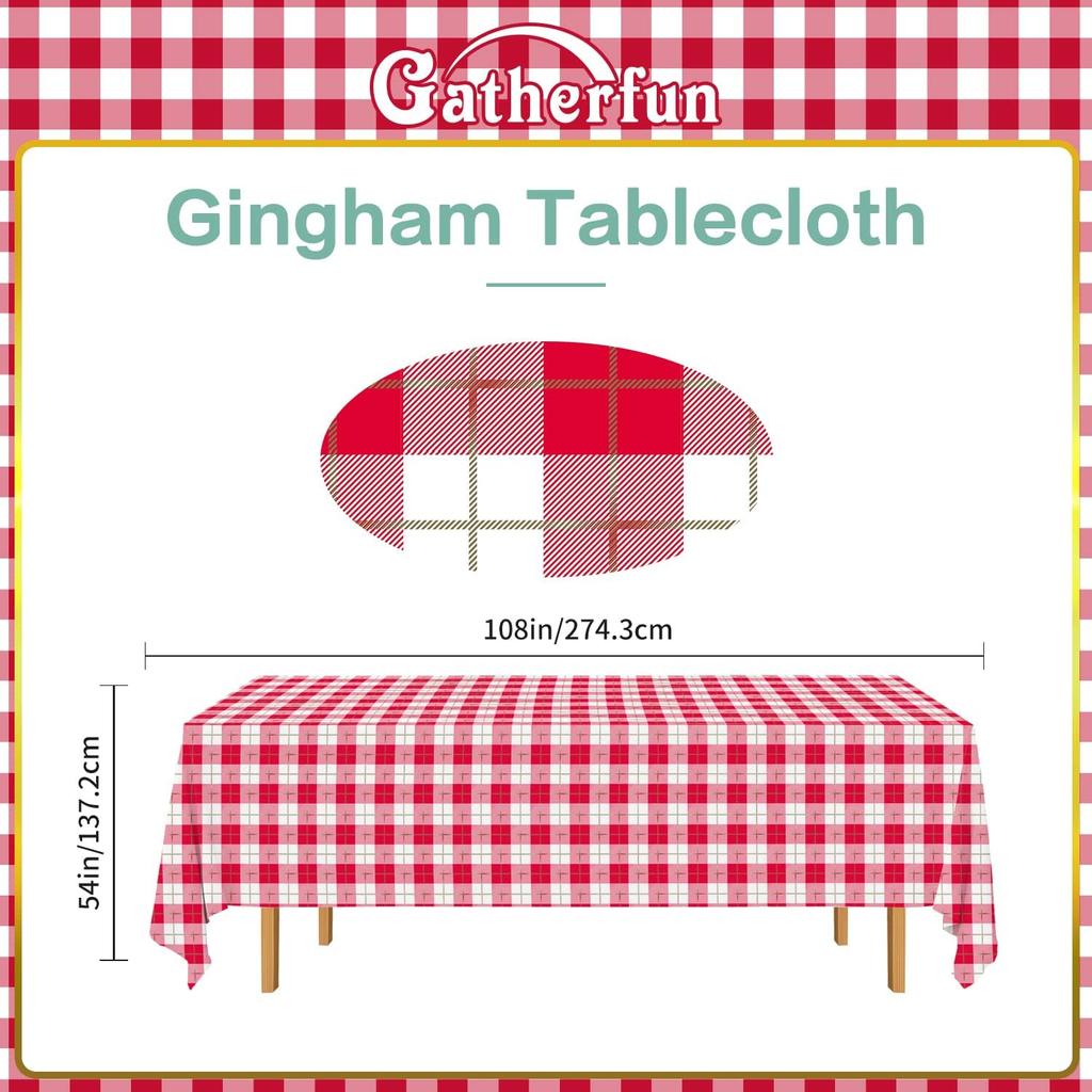 Gatherfun 3PCS Red White Gingham Rectangular Waterproof Tablecloth 54X108Inch Disposable Plastic Table Cover with Gold Stamping for Easter Picnic