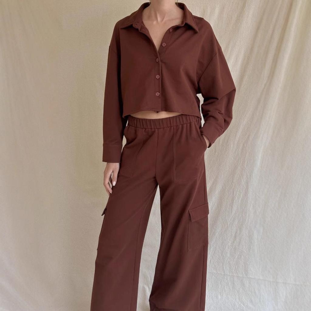 Ladies' Four Seasons Versatile Casual Waist Top with Three Dimensional Pocket Work Pants Retro Two Piece Set