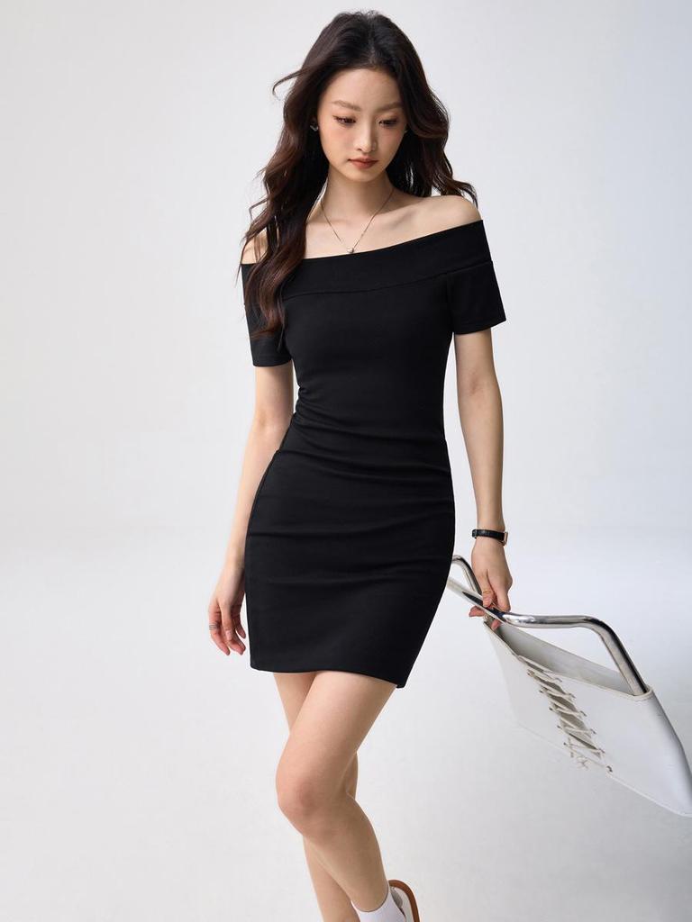 Combed Cotton One-Shoulder Summer Dress - Women's Sexy Slim Fit, Waist-Cinched, Hip-Hugging Short Style
