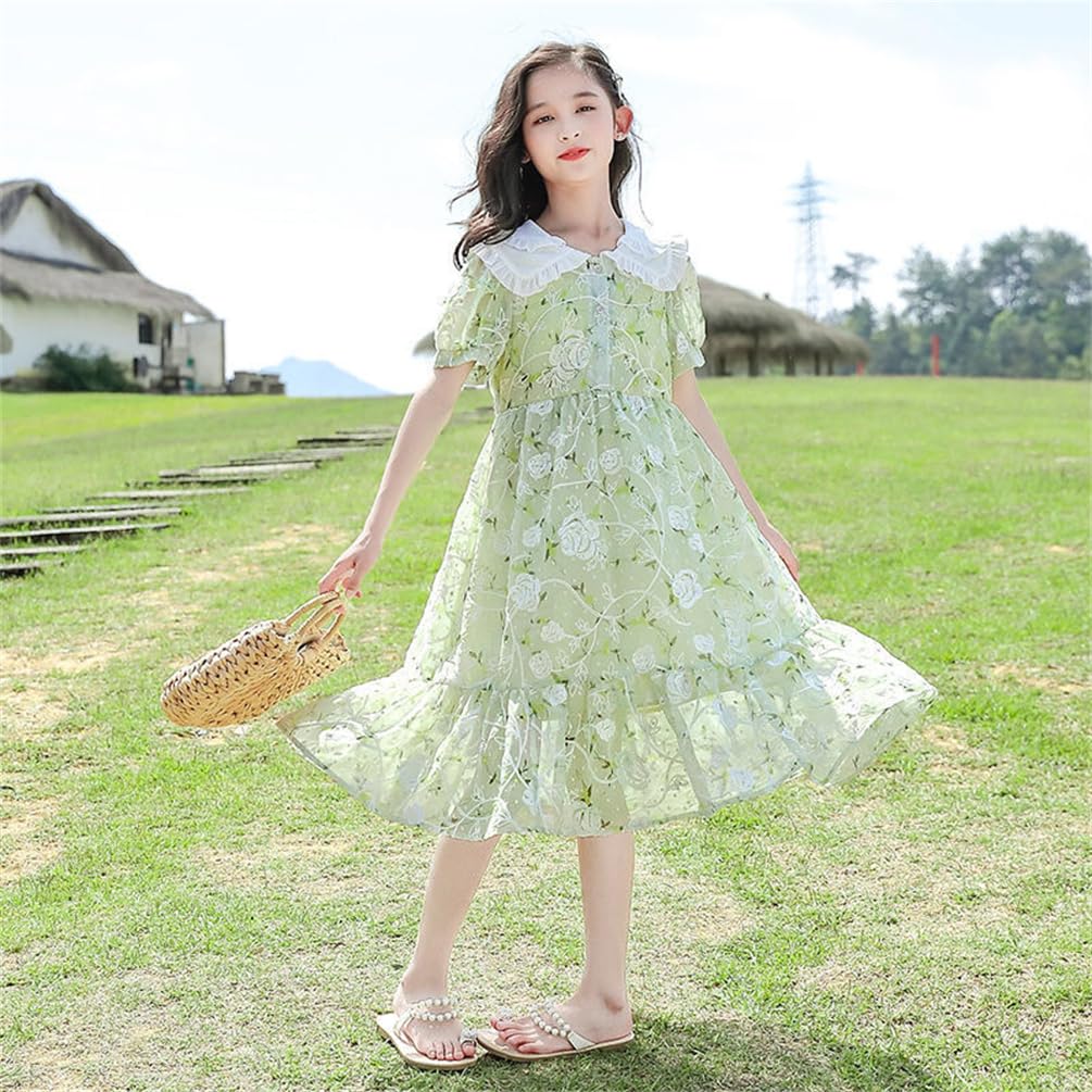 BLZXIAN Chiffon Short Floral Tunic Loose Everyday Junior Size Height Kids' Dress, Sleeve, Long, Knee-Length, High-Waisted, Turn-Down Collar, Print,