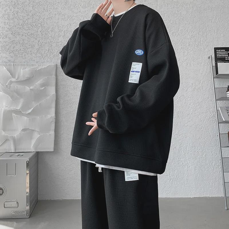 

Мужская спортивная одежда из вафельного трикотажа: Комплект из двух предметов: толстовка в уличном стиле и прямые спортивные брюки на весну и осень. 5XL чёрный