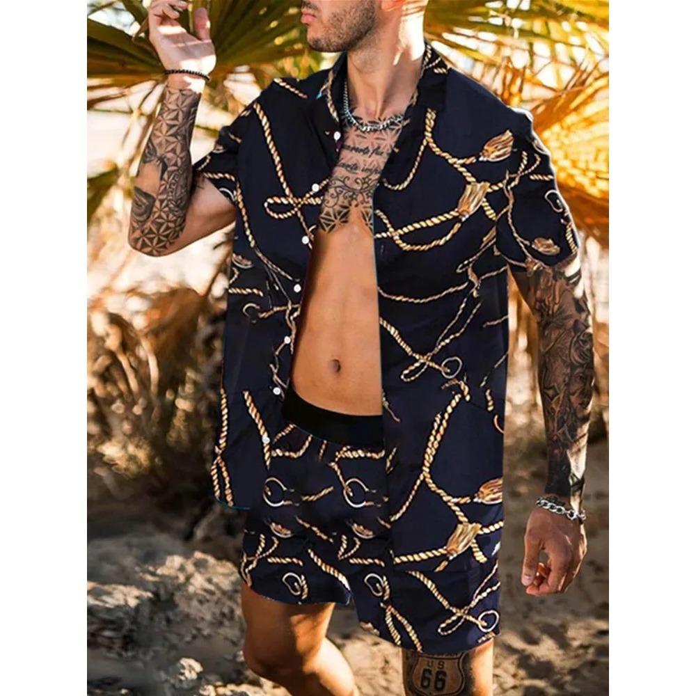 2024 Summer Men's Fashion Leopard Print Short Sleeve Shirt And Shorts Set Beach Style T Shirt Breathable Shorts Two Piece Set