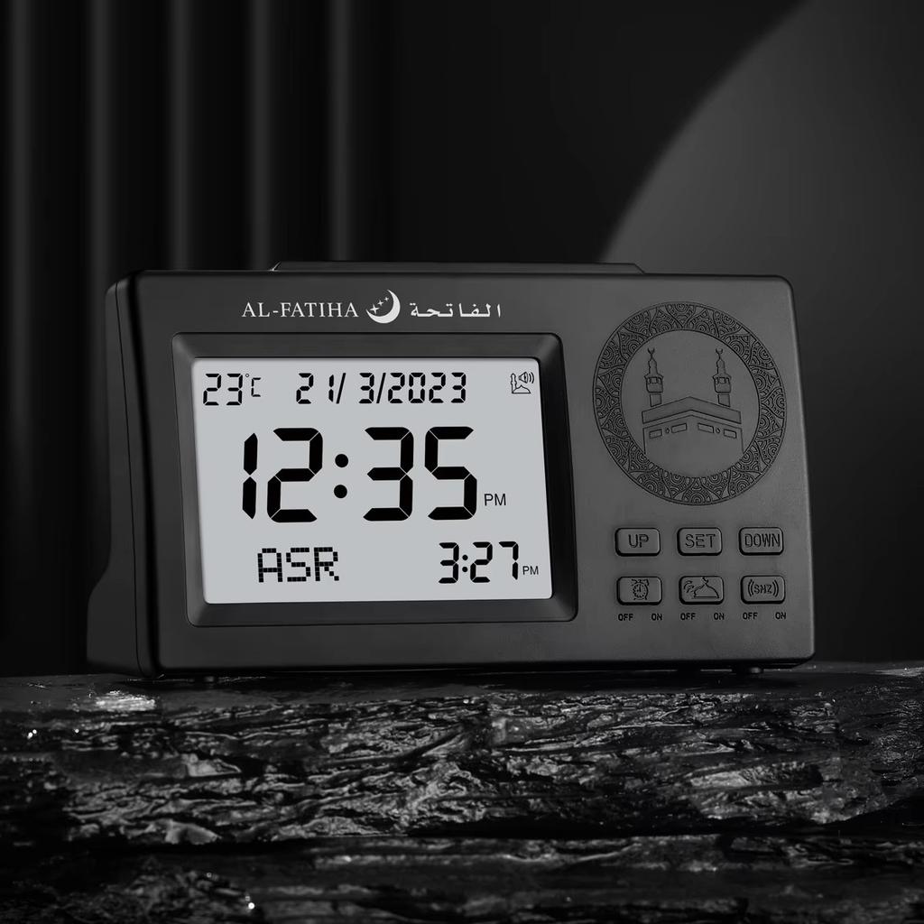 Al Fatiha Muslimische Gebetsuhr mit automatischer Zeiteinstellung Hijri Gregorianischer Kalender LED-Hintergrundbeleuchtung Desktop Azan-Uhr