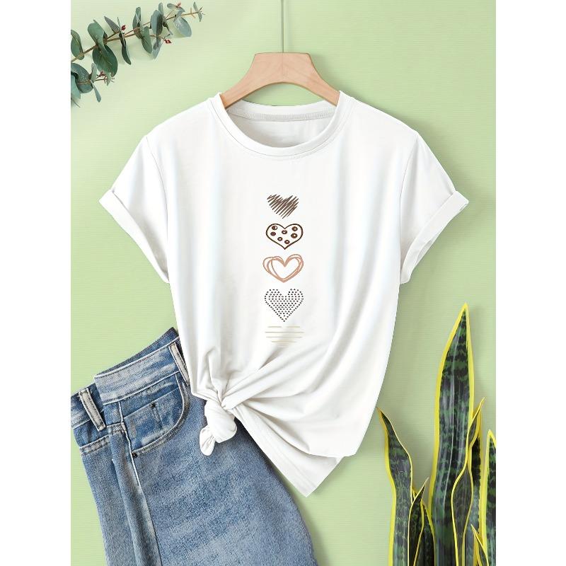 Womens Black Heart Print Vintage Style Summer Casual Sporty Round Neck Short Sleeve Tee