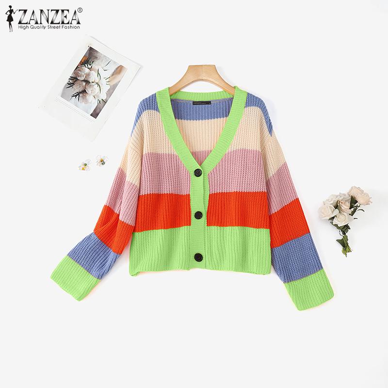 ZANZEA Autumn Spring Women V Neck Long Sleeve Colorful Striped Casual Sweaters Cardigans Knitwear