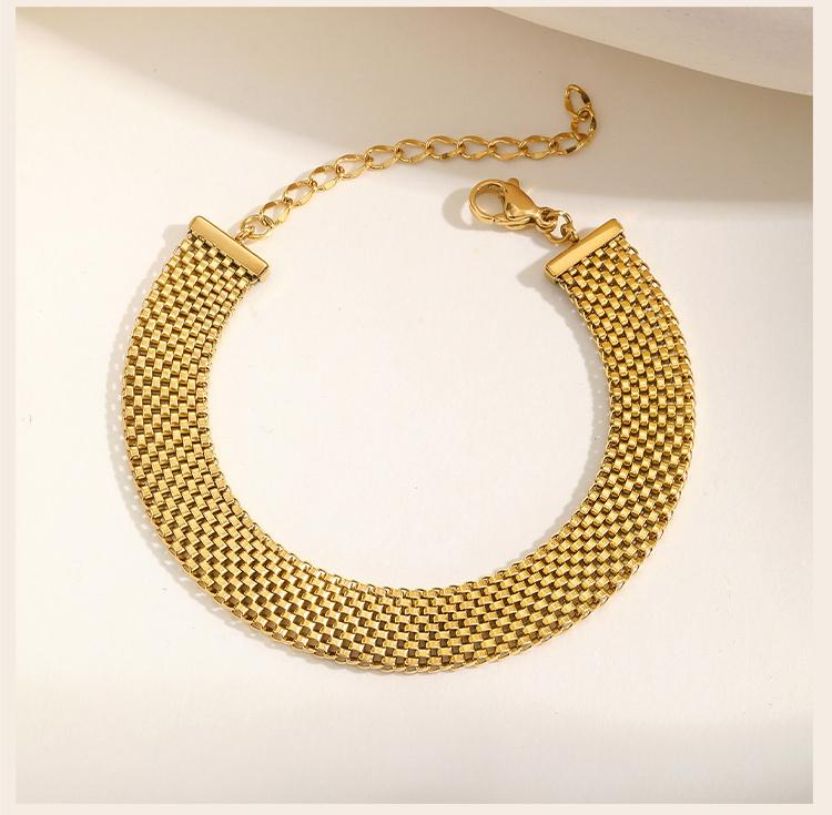 Stainless Steel Chain Women Bracelet, Wide Brand Mesh Link Adjustable Wristband, 18k PVD Gold Plated Vintage Jewelry