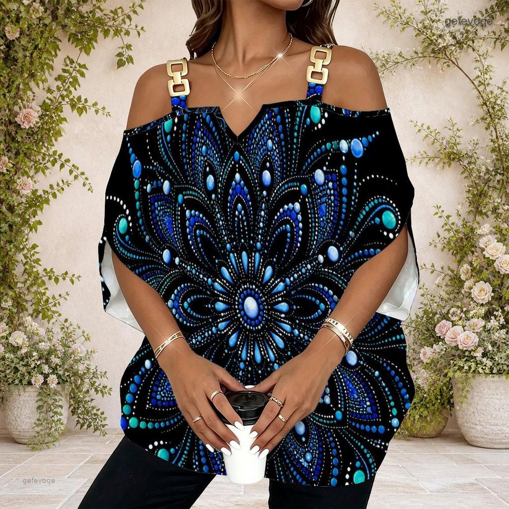 Women Plus Size Off Shoulder Metal Buckle Strap V Neck Short Sleeve Abstract Print Blouse