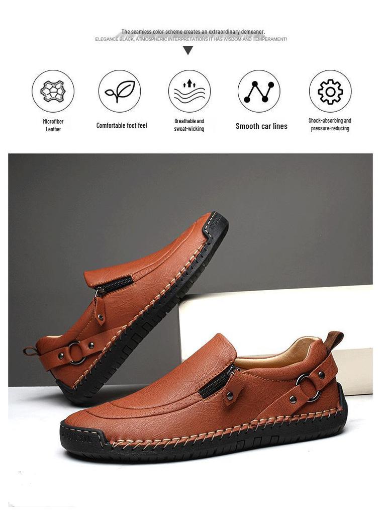 Men's Autumn Casual Leather Slip-On Shoes, Large Size, Soft Sole, Non-Slip, Hand-Stitched, Side Zipper