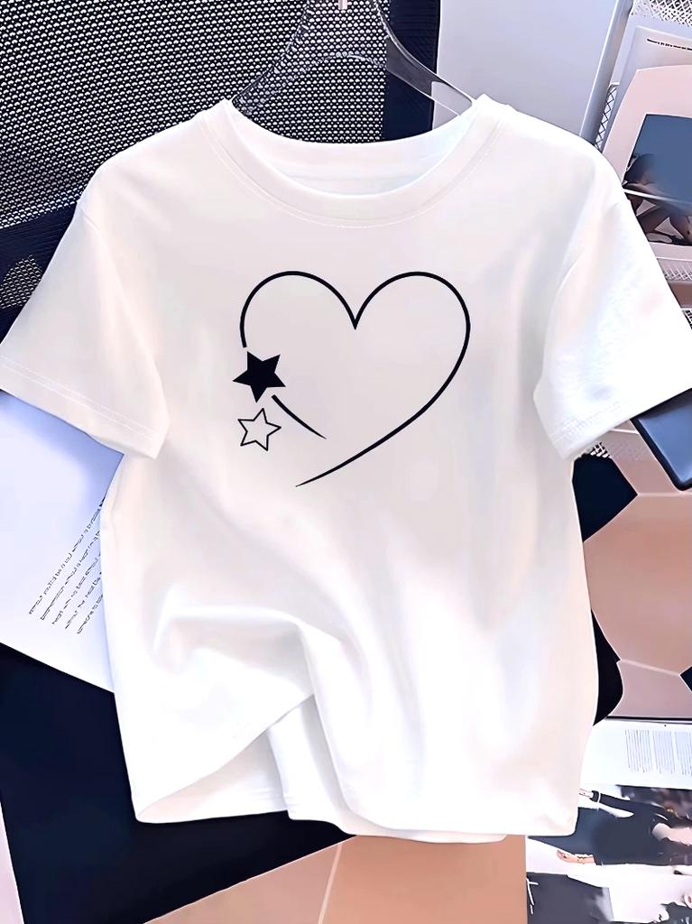 Women's Casual Elegant Heart and Stars Graphic Print T-Shirt Round Neck Short Sleeves Women's Minimalist Design Vintage Y2k Tees