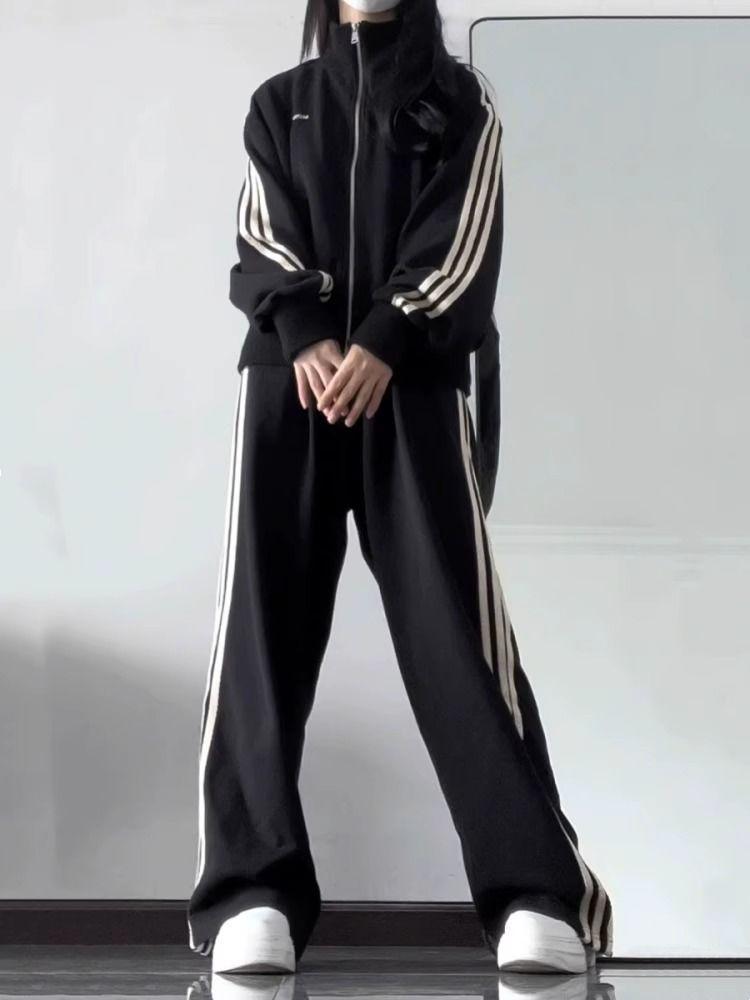 Women's Autumn Campus Casual Set: Three-Stripe Zip-Up Jacket and Sweatpants