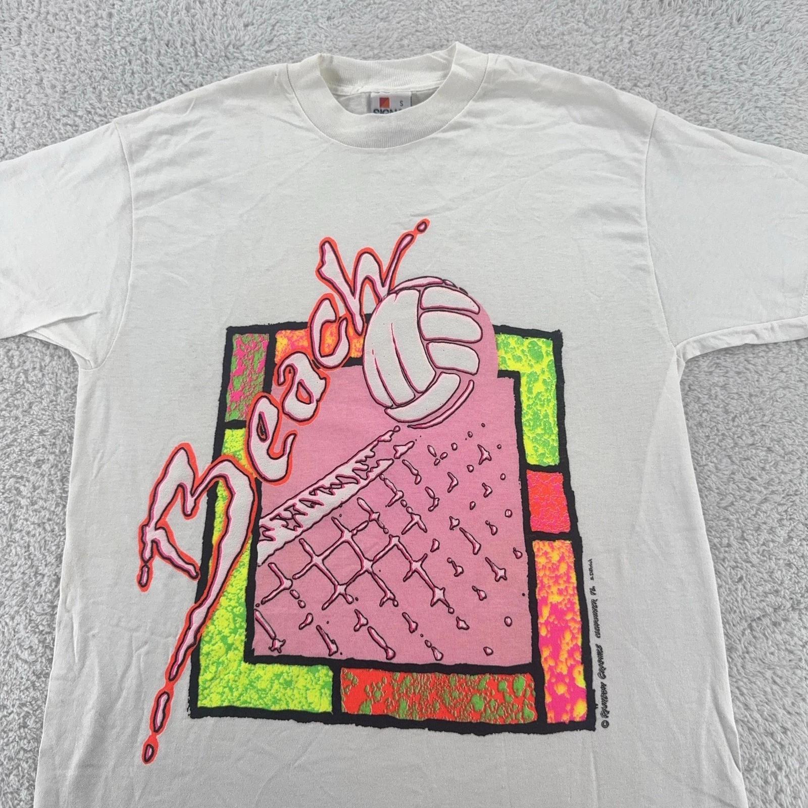 

Vintage Beach Volleyball Shirt Mens XS/SMALL Neon Art Surf Rainbow 90s Tee M
