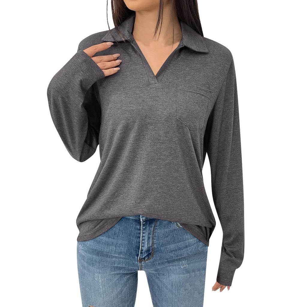Women's Fashion Solid Color Lapel Long Sleeve With Pocket Loose T-Shirt Top