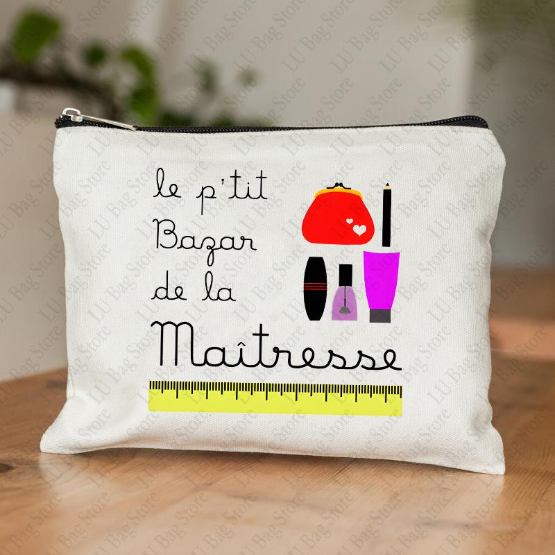 Teacher Theme Women Makeup Bag Maitresse Inspired Cosmetic Case with French Style Design Educational Motif Wallet Work or School