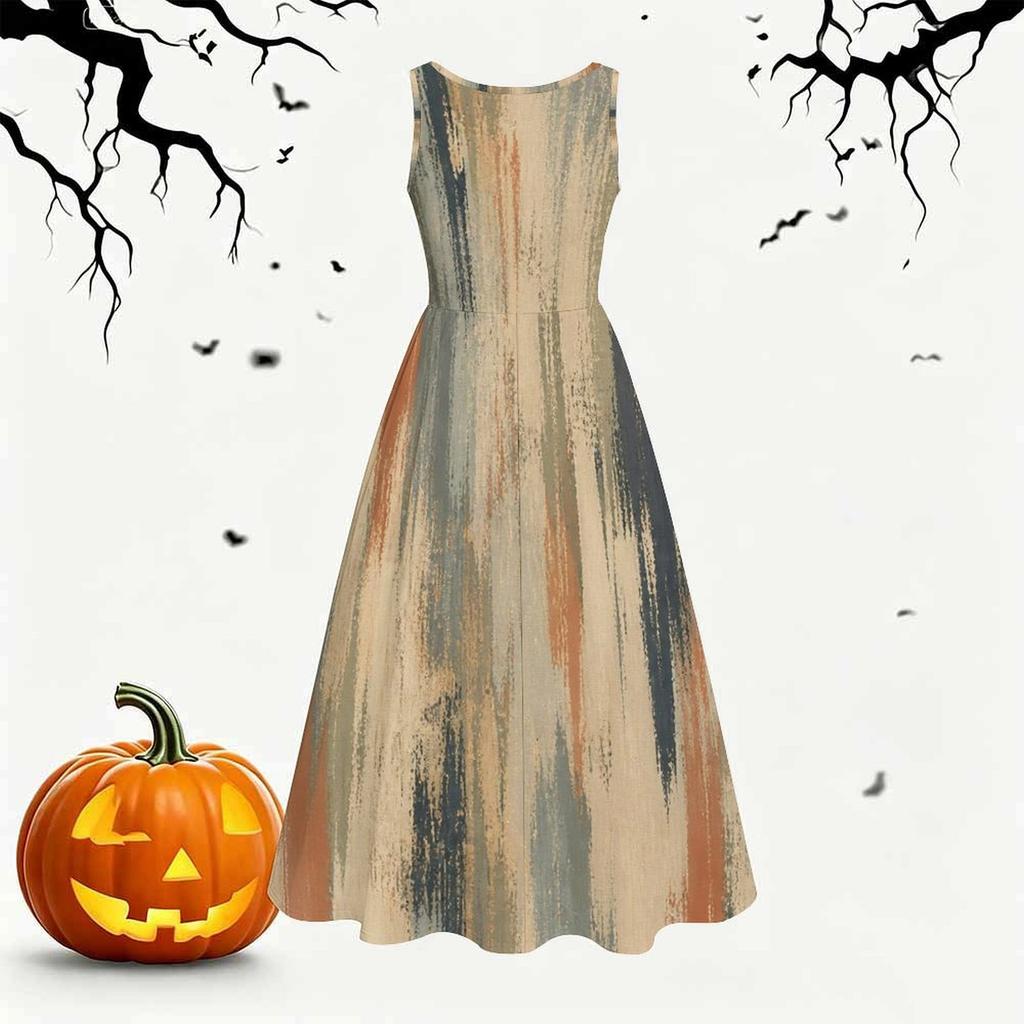 Women Plus Size Round Neck Sleeveless Abstract Printed Tie Waist A Line Long Dress