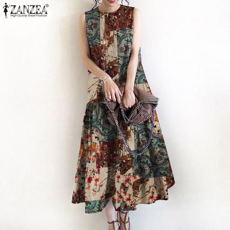 ZANZEA Women Casual O-neck Sleeveless Summer Print Tank Dress