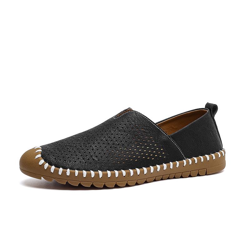 

Foreign trade large size casual leather shoes overalls men s shoes hand-sewn shoes summer soft-soled breathable lazy driving shoes 39 чёрный