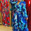 2025 Cross-Border Spring New European and American Women's Fashion Retro Print Deep V-Neck Slit Slim Long Dress Gown for Women