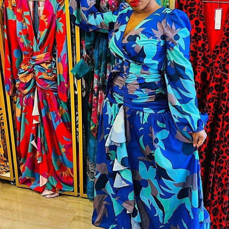 2025 Cross-Border Spring New European and American Women's Fashion Retro Print Deep V-Neck Slit Slim Long Dress Gown for Women