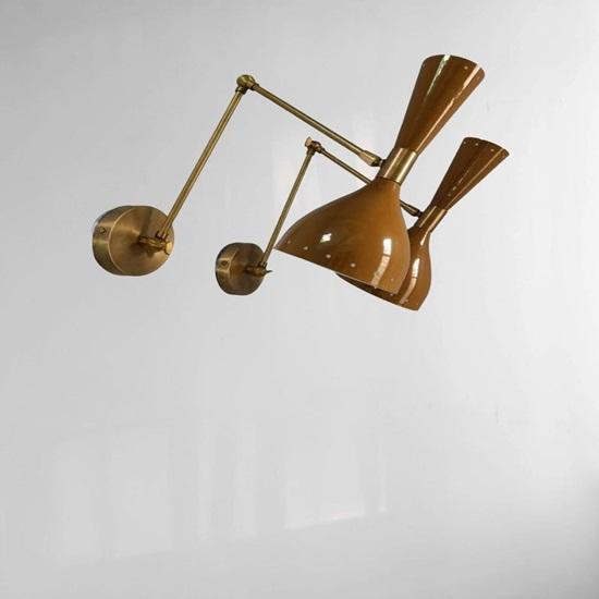 Mid-Century Italian Brass Wall Sconce Pair Brown Diabolo Lamps