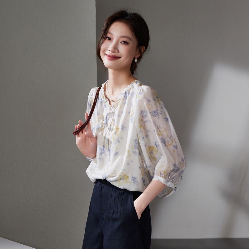 SOFSIL Women s French Pastoral Floral Silk V-Neck Shirt XL