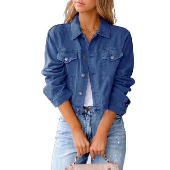 Kadın Crop Kot Ceket Günlük Düğmeli Uzun Kollu Sonbahar Bahar Crop Jean Ceket Cepli