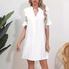 2023 Women's Solid Color V-Neck Loose Pleated Dress with Five-Point Sleeves
