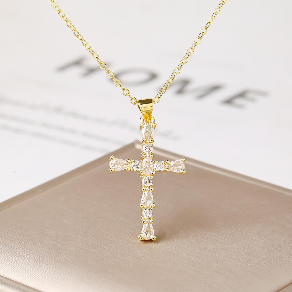 Shiny Rhinestones Cross Necklace Colorful Cubic Zirconia Pendant Christian Religious Zircon for Women Fashion Choker Gift