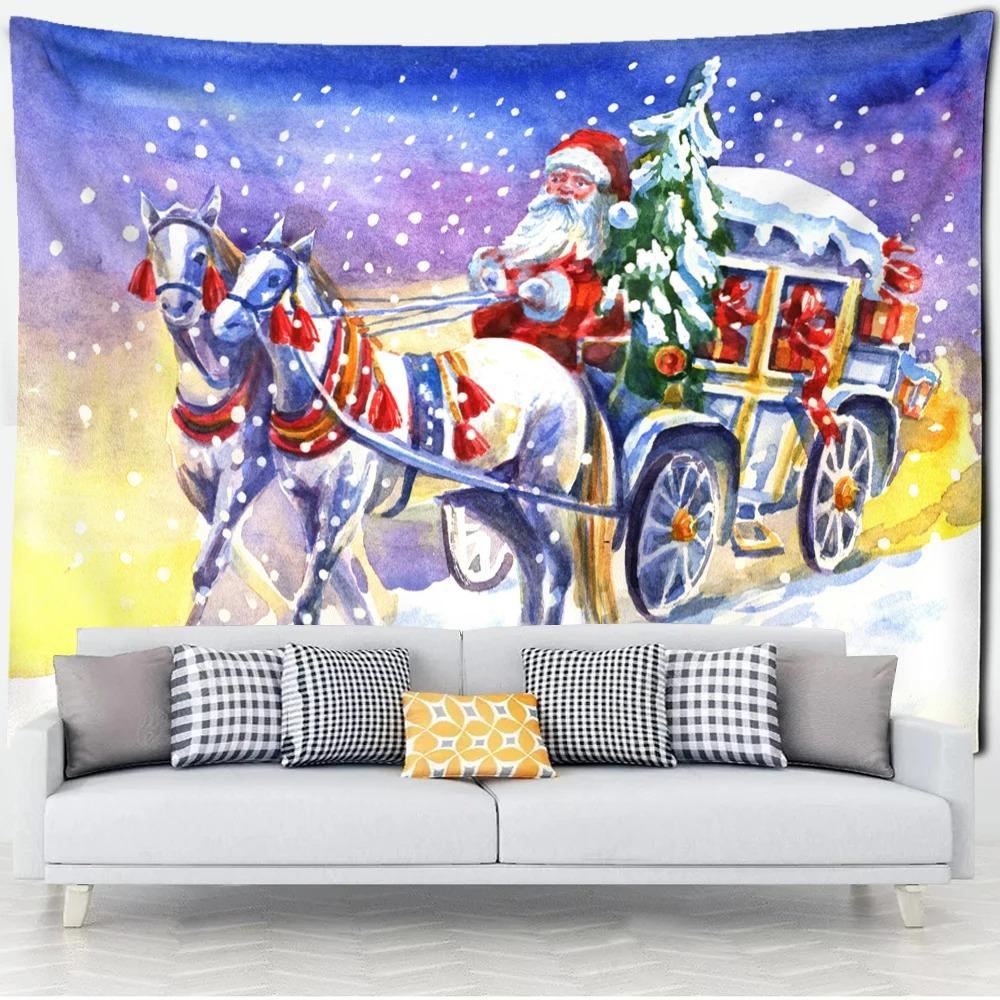 Cartoon Santa Claus Pattern Tapestry Home Bedroom Living Room Wall Decoration Christmas Theme Tapestry