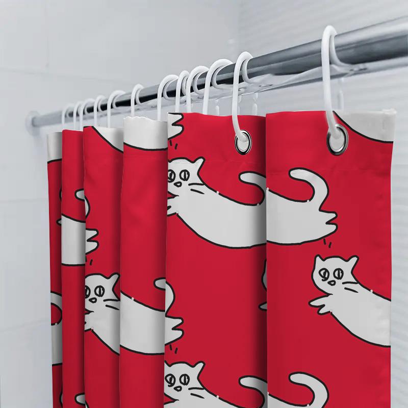 Red Shower Curtain With White Cats Pattern Bathtub Decorative Liner For Home Bathroom Accessories