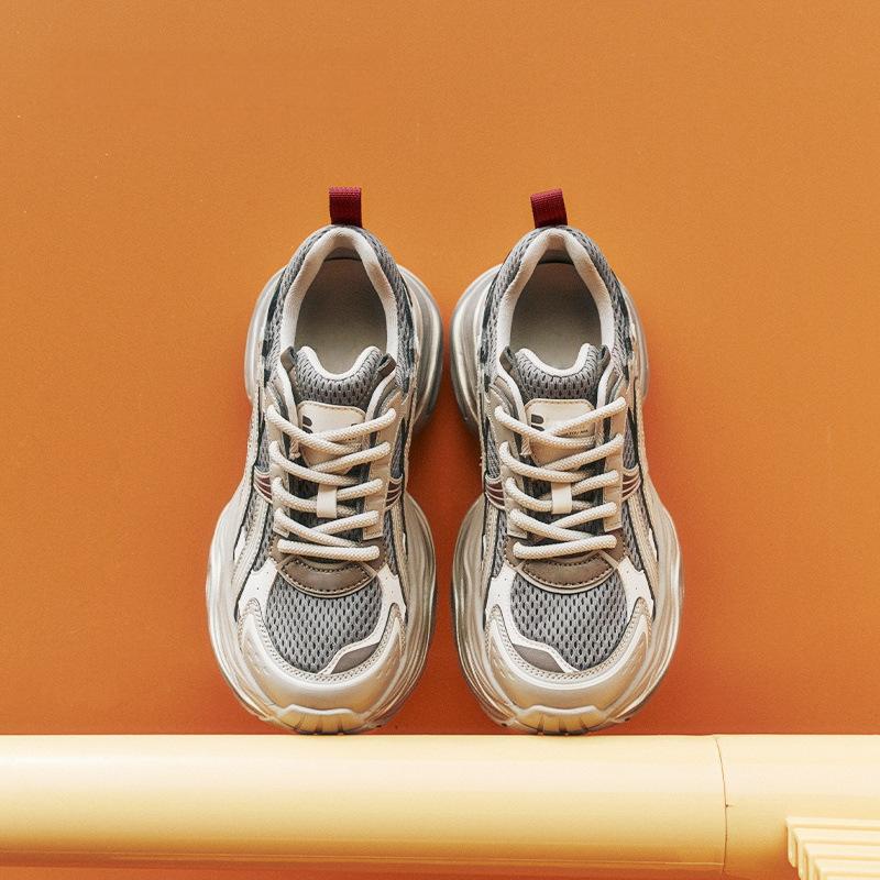 Leather Breathable Mesh Color Matching Dad Shoes Women 2025 New Autumn Hollow Versatile Hong Kong Style Sports and Leisure Shoes