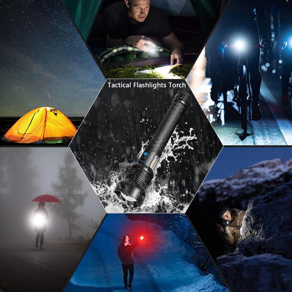 Rechargeable LED Flashlight 90000 Lumens Super Bright Torch with COB Work Light 7 Modes Zoomable High Power Waterproof for Camping Emergency