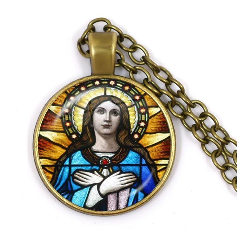Virgin Mary and Baby Jesus Christian Catholicism Jewelry Necklace Blessed Mother Religious Art Glass Cabochon Dome Pendant Gift