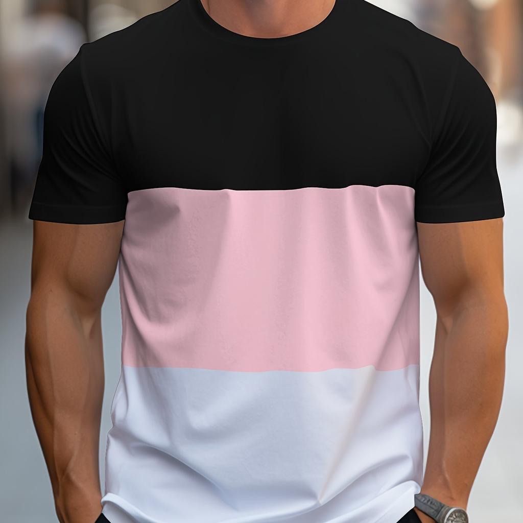 Men's Contrast Color Stripe Pattern Print T-shirt With Crew Neck And Short Sleeve, Casual And Comfy For Summer Leisurewear