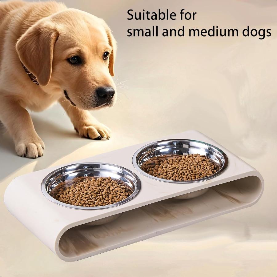 Beige Marble Elevated Dog Bowls Set 2 Thick 6 Stainl Steel Puppy Food Bowl with NonSlip Raised Holder Stand Double Feeding Bowl