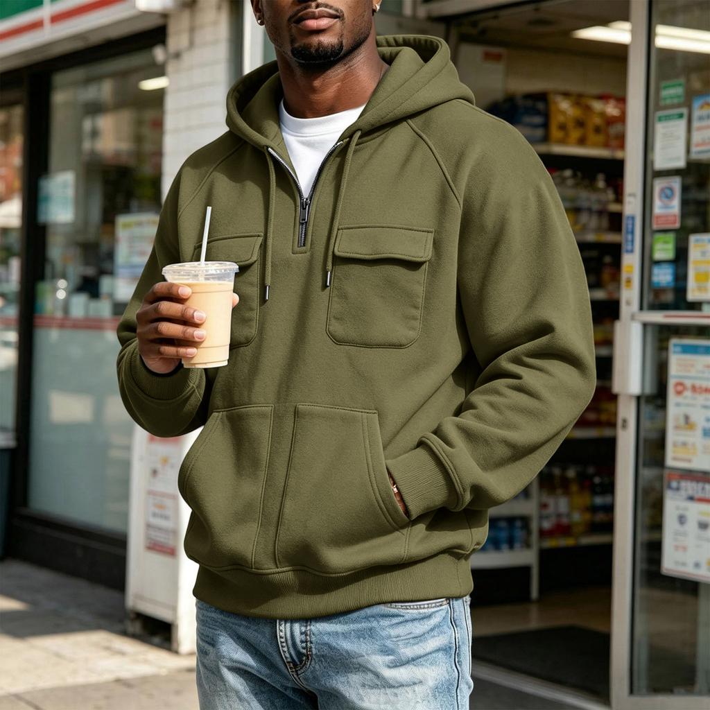 Men's Hooded Jacket with Multiple Pockets Casual Athletic Raglan Sleeve Outerwear