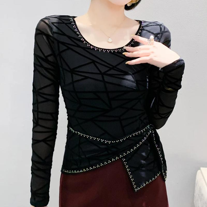 New Long Sleeve Striped Flocking T-shirt Women's O-Neck Hot Diamonds Tees Fashion Irregular Elastic Slim Tops Shirts