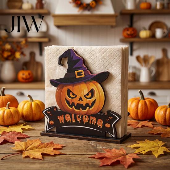 Halloween Napkin Holder Wooden Holder, Ghost Pumpkin Decorative Tabletop Tissue Dispenser, Rustic Kitchen Counter Storage Paper Organizer for Holiday