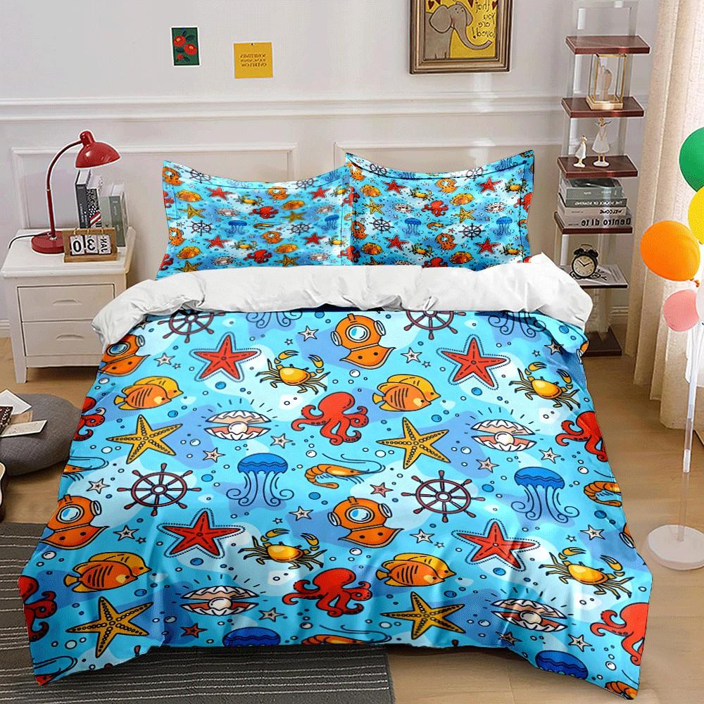 Ocean-Themed Pattern Decor Set Exquisite Three-Piece Bedding Set Gift For Kids And Adults