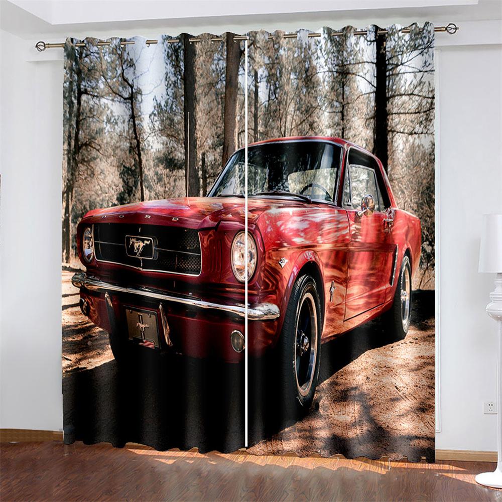 Car   Printing Woven Curtains Bedroom Blackout Curtains with Two Independent Curtains On The Left and Right