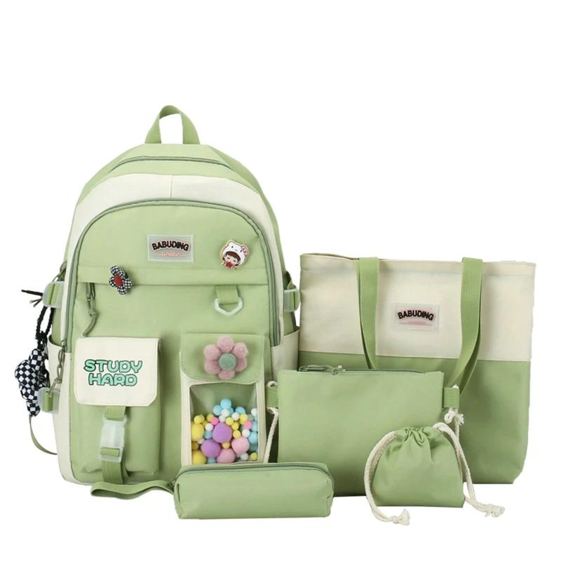 5pcs Sets Children's School Backpack Kawaii Women's Bagpack Bookbag Laptop Bag for Teens Girls  Students Totes Sac