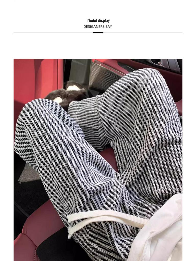 Women's High-Waist Black & White Striped Wool Wide-Leg Pants - Petite 150, Autumn/Winter Collection