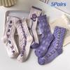 5Pairs Purple Series Floral Tube Socks Flower Sweet Sock Women Girls Mid-calf Socks  Girl Teens