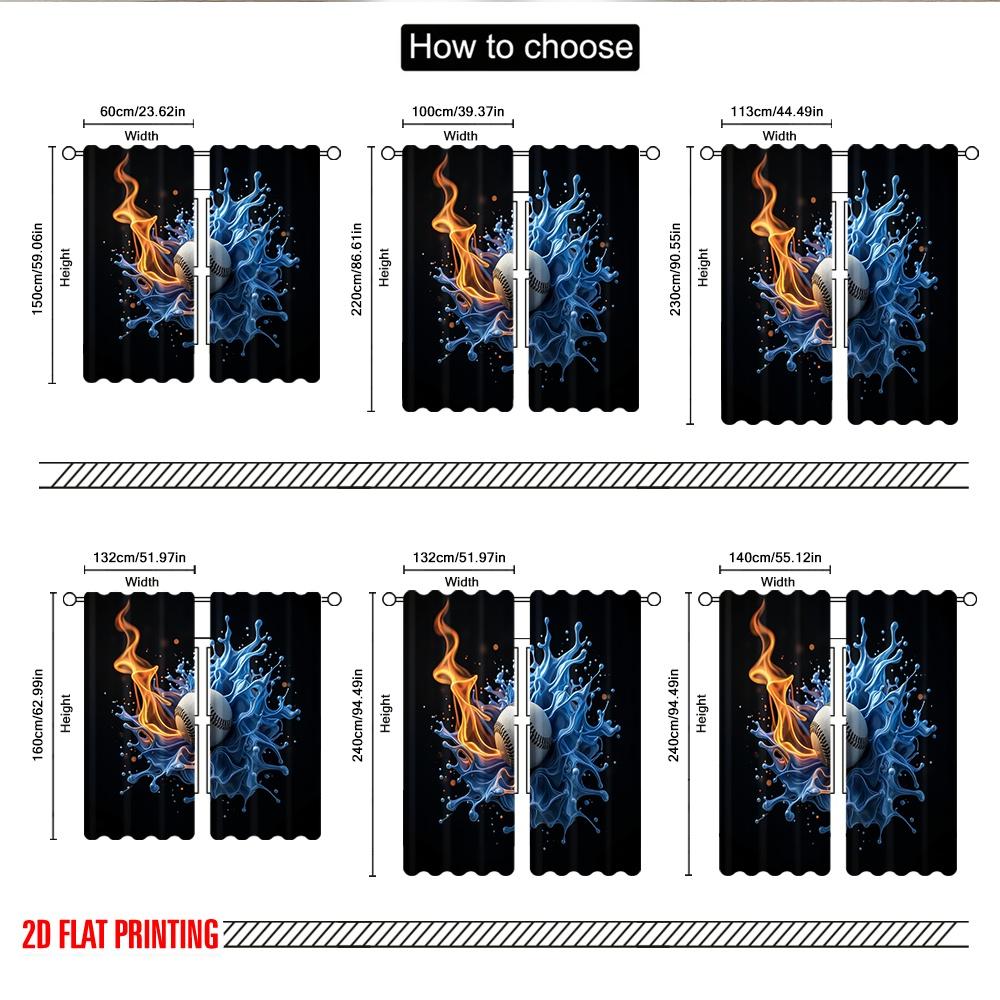 Flat Printing Curtain Fire Water Soccer Ball Digital Printed Polyester Drapes Festive Holiday Use Door Wall Yard All Curtains Set Of 2 Made