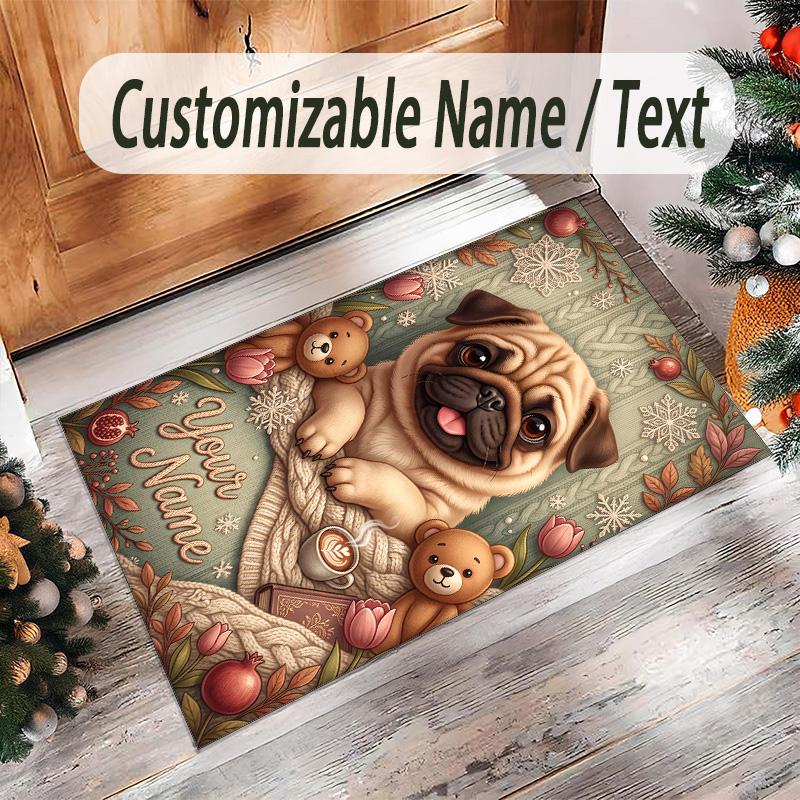 Pug Theme Crystal Velvet Floor Rug Personalized Custom Name Text Warm Carpet Home Decoration